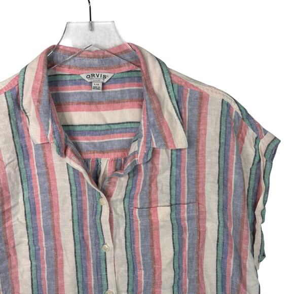 Orvis Linen Blend Short Sleeve Button Up Shirt Striped Top Womens Large - Picture 4 of 7